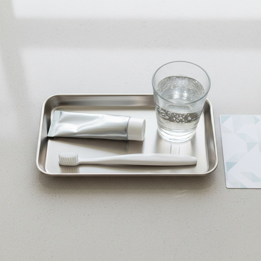 A white toothbrush and tube of toothpaste on a small, silver tray with water in a clear glass and a small card with geomet...