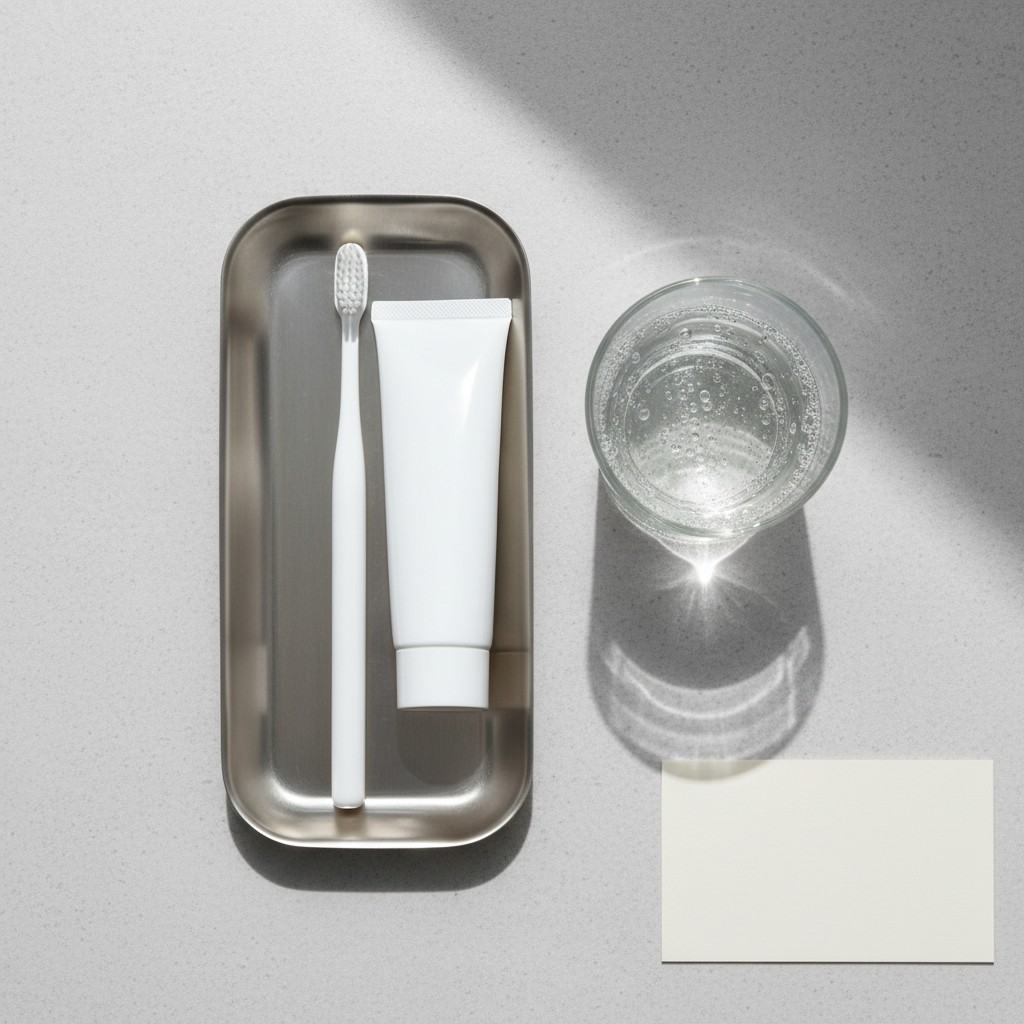 Manufacturer-created, blank tube of toothpaste, toothbrush, glass of water, and card.
