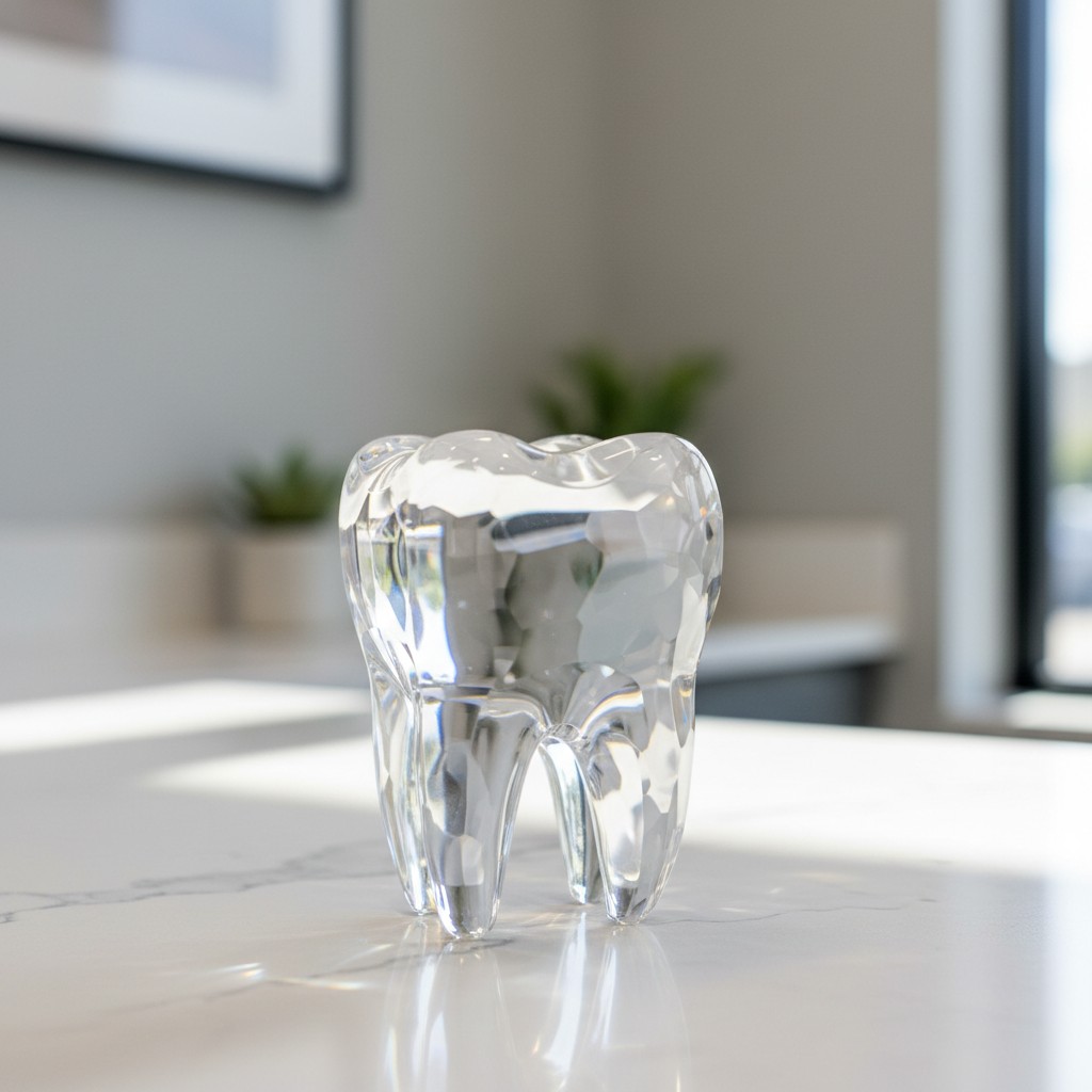 A glass tooth on a white marble countertop in a dental office.