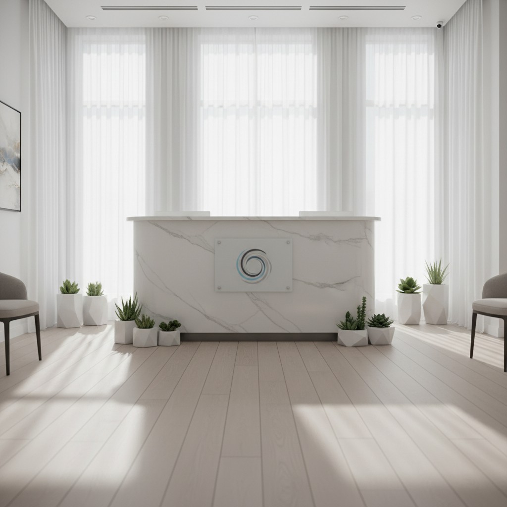 The white marble counter is set upon a backdrop of a light wood floor, surrounded by long white curtains framing and block...