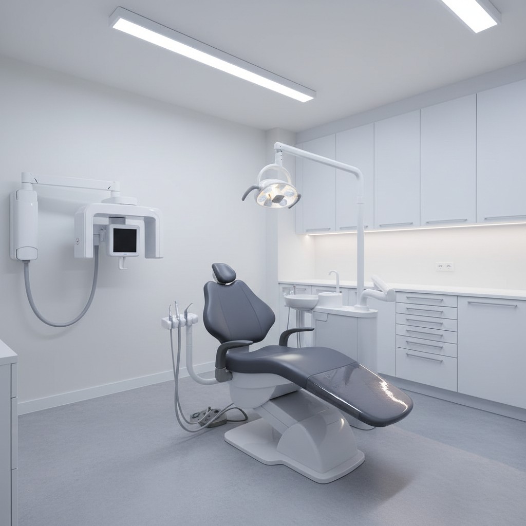 :white fluorescent ceiling light strips: 2, :white dental equipment: 3, :gray dental chair: 1