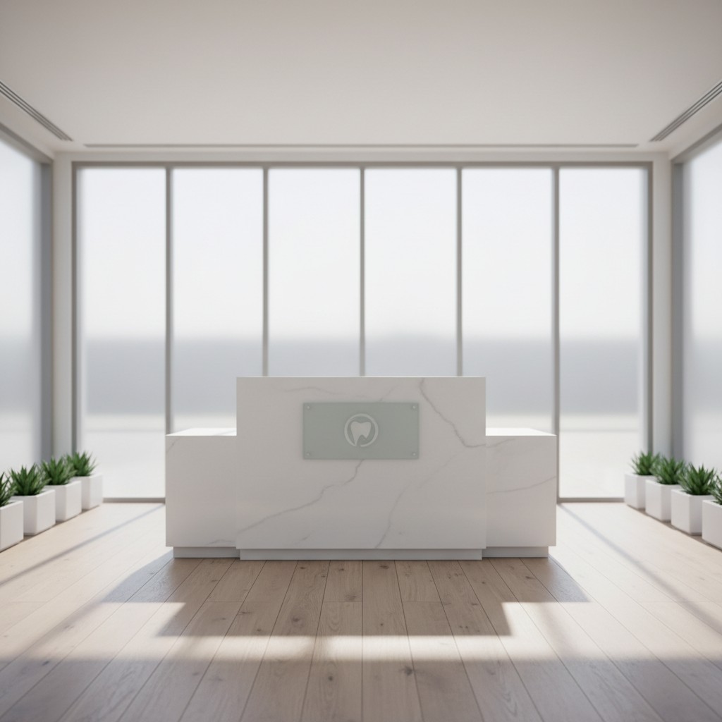 An office reception area with a white marble front desk in the middle of the room in front of a column of floor-to-ceiling...