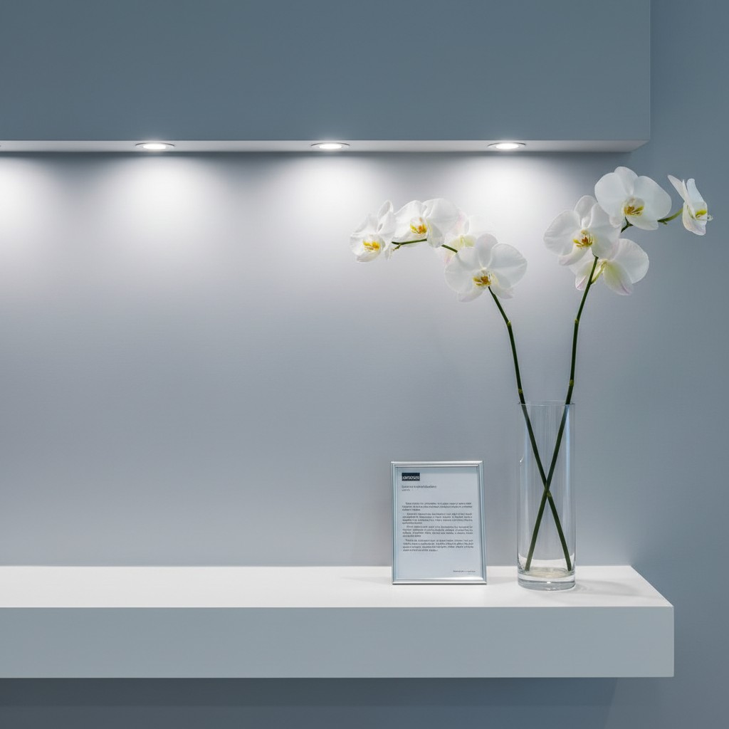 A white shelf with a glass vase on a quiet, gradient gray wall.