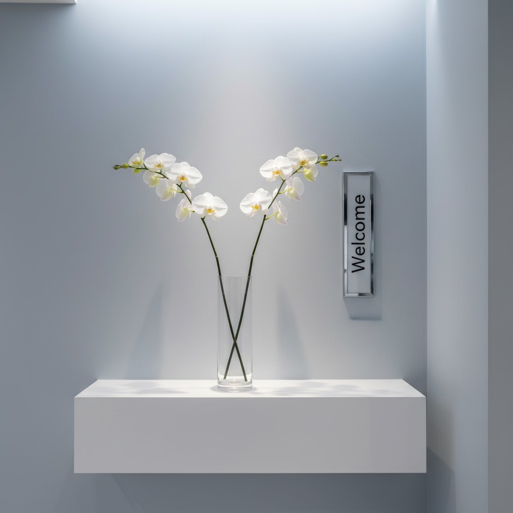 An arrangement of white orchid flowers in a clear vase on a ledge against a gray wall background. A sign that reads "Welco...